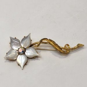 Battani Mother of Pearl AB Crystal Flower Brooch Brushed Gold Tone Statement